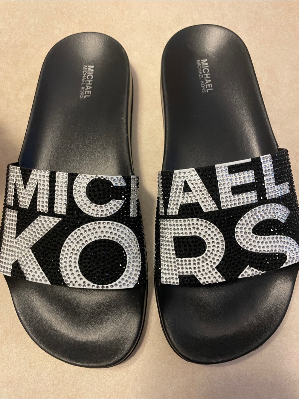 Michael Kors Black Slide Sandals with Silver Crystal Logo Strap